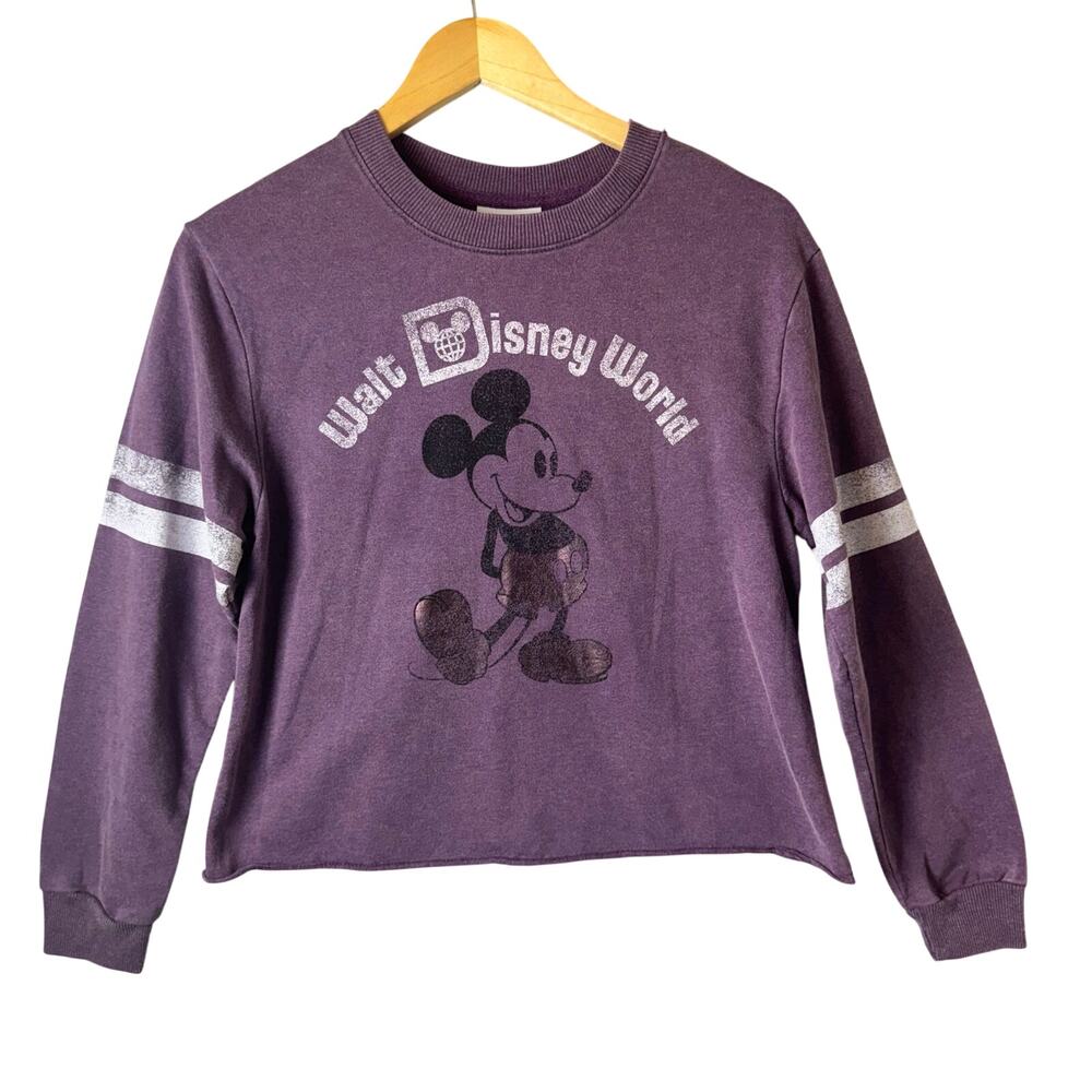 Disney Parks Mickey Mouse Graphic Jersey Top Women's Purple Metallic Cropped